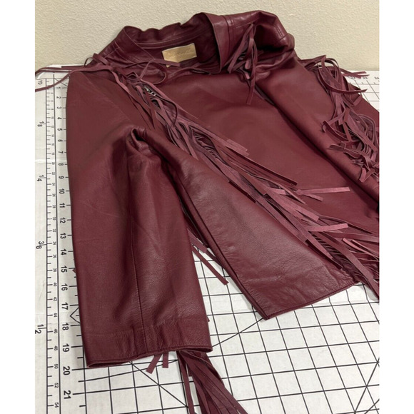 Cleobella Everly Fringe Moto 100% Genuine Sheep Leather Jacket Burgundy Red L - Picture 9 of 13